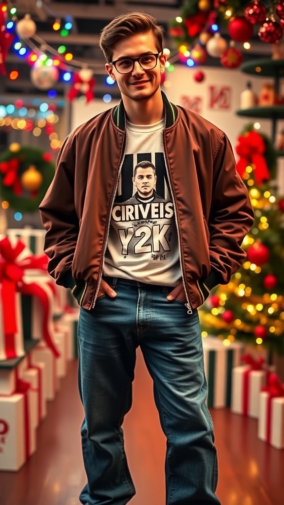 A man in a Y2K-inspired outfit with baggy jeans and a bomber jacket at a Christmas party.